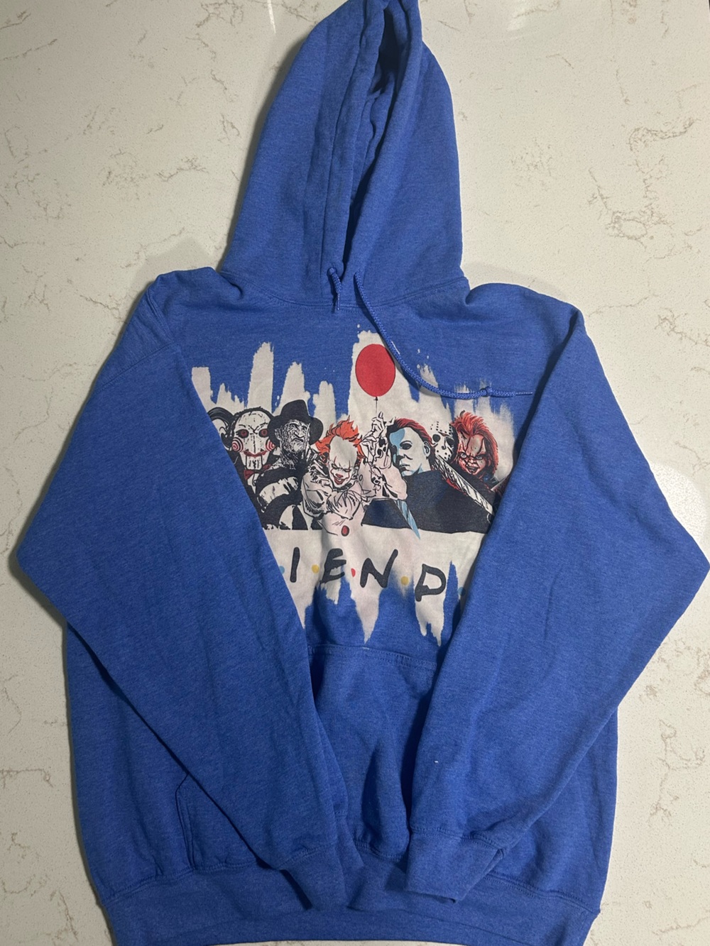 Gildan Royal Blue Horror Character Graphic Hoodie with Red Accent